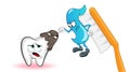 Cartoon characters. The microbe attacks the tooth, and in this momet the paste on the brush interferes with the conflict. The conc